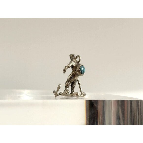 Turquoise Accented Antiqued Sterling Silver Skiier Vintage Pendant | Charm - Picture 6 of 14